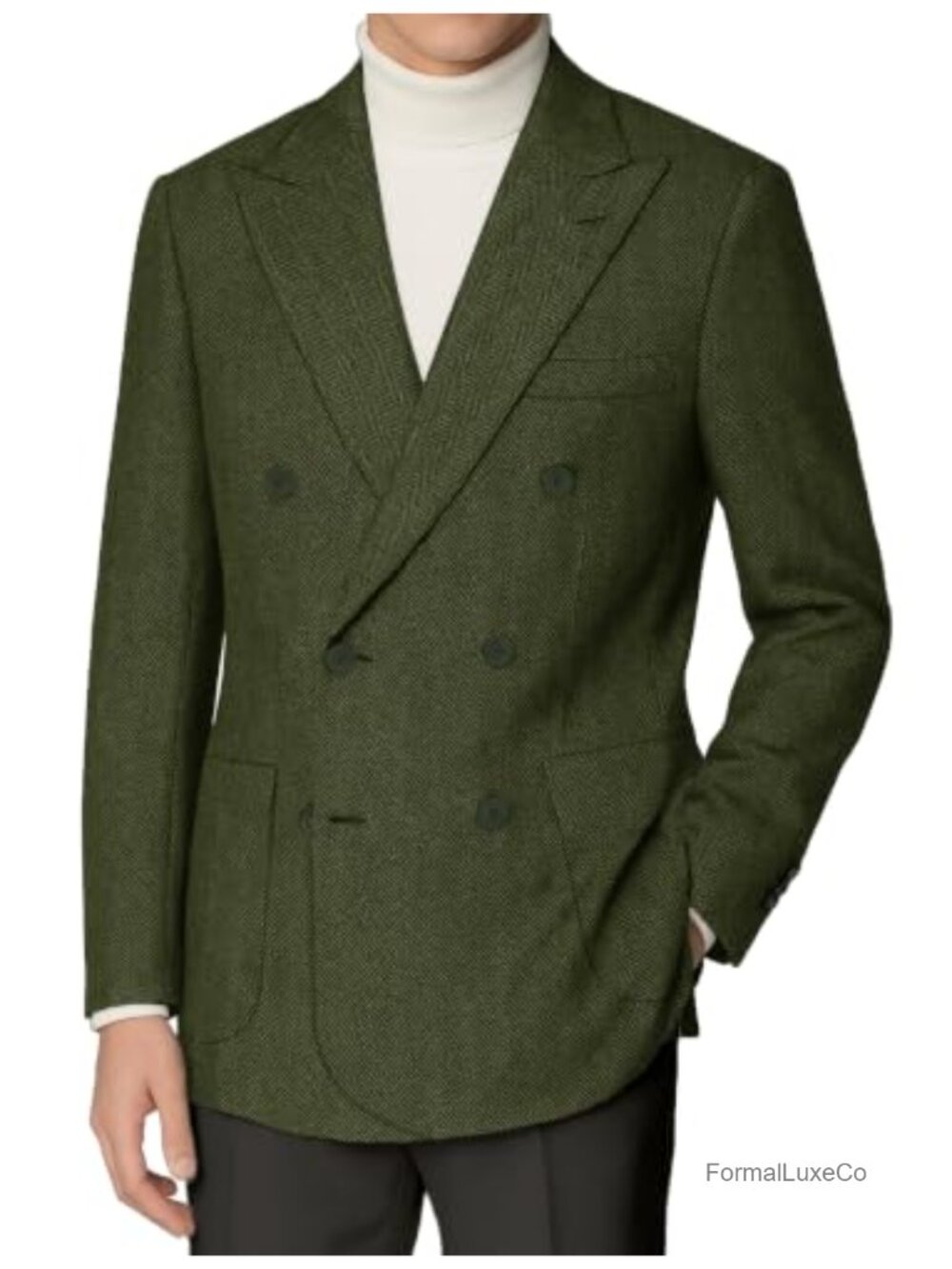 Retro Tweed Blazer Men Herringbone Double Breasted Jacket Wool Blend Coat